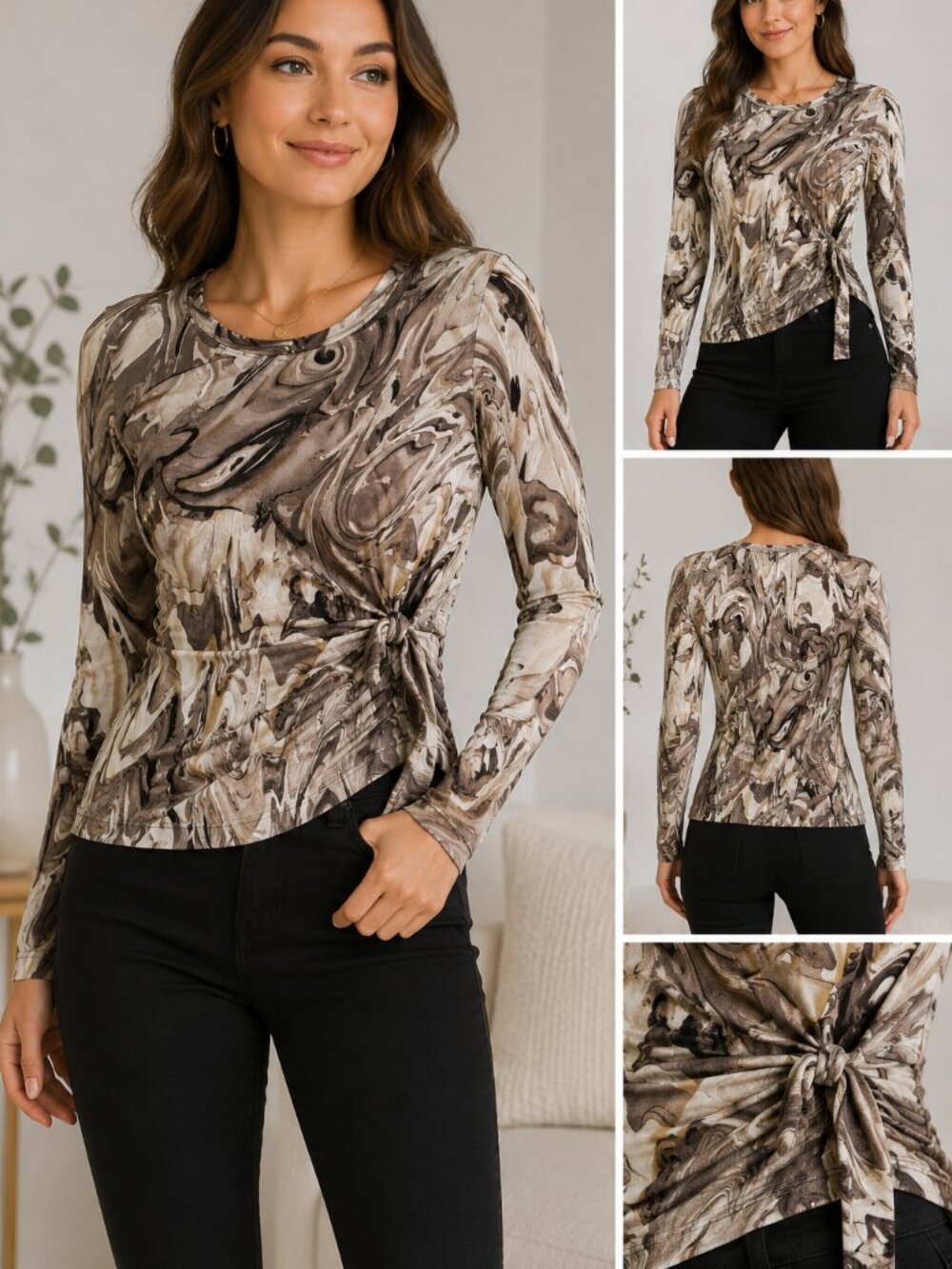 NWT Simply Vera Wang Women Sz S 100% Rayon Marble Print Long Sleeve Top
